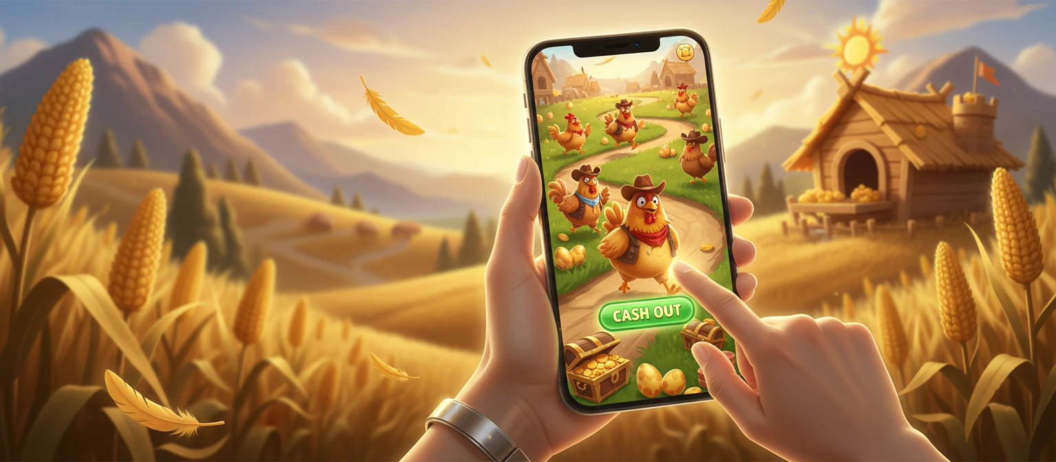 Jucător care apasă butonul de încasare pe un joc cu pui pe mobil