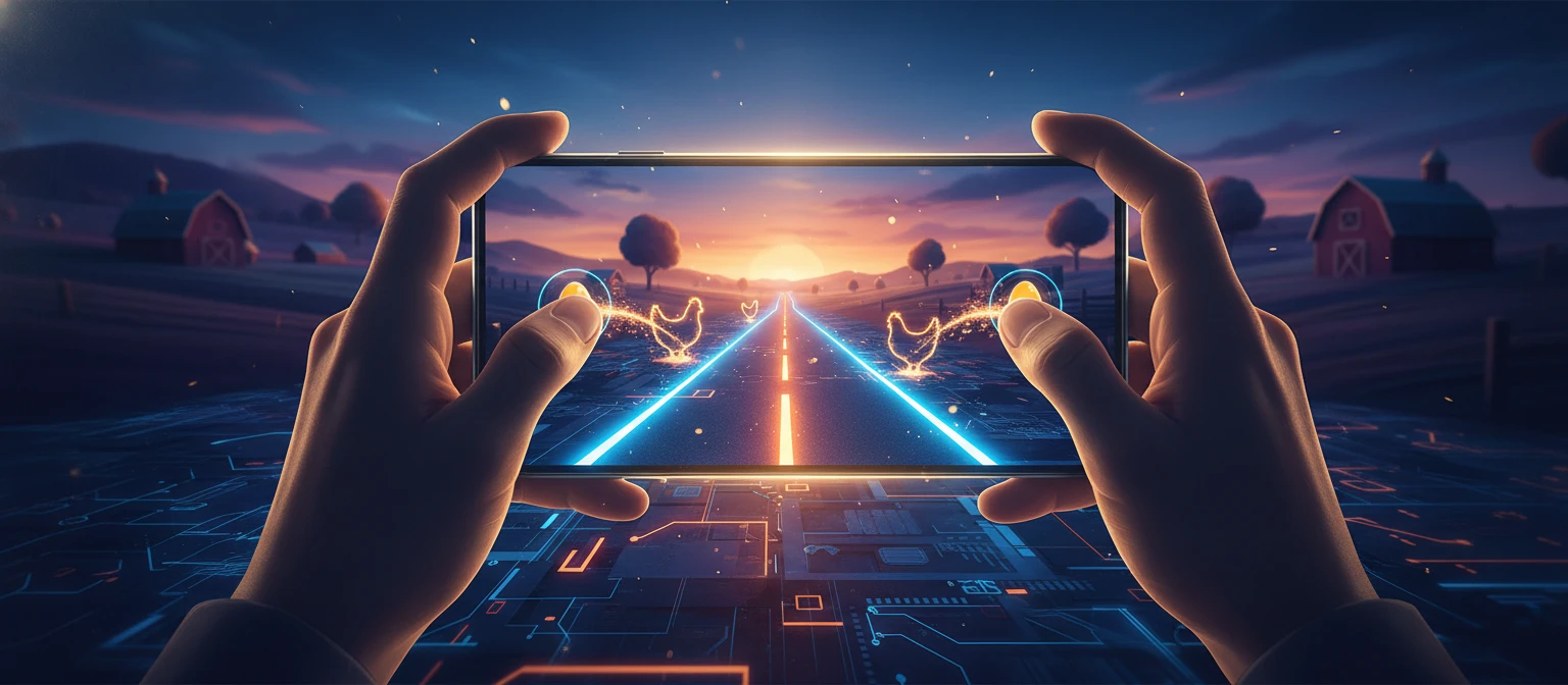 Mâini ținând telefonul cu controale tactile pentru slotul Chicken Road