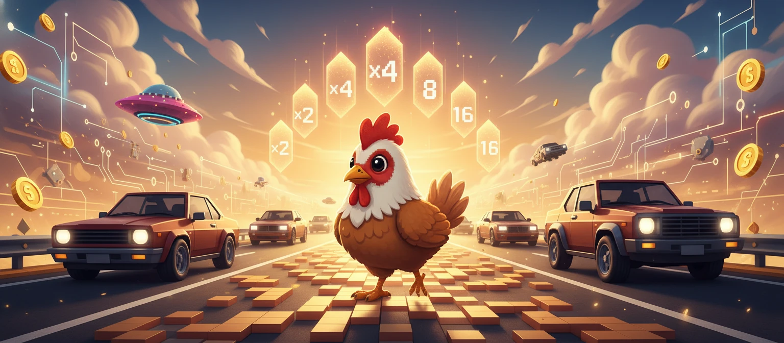 Pui galben traversând o șosea cu mașini în jocul Chicken Road