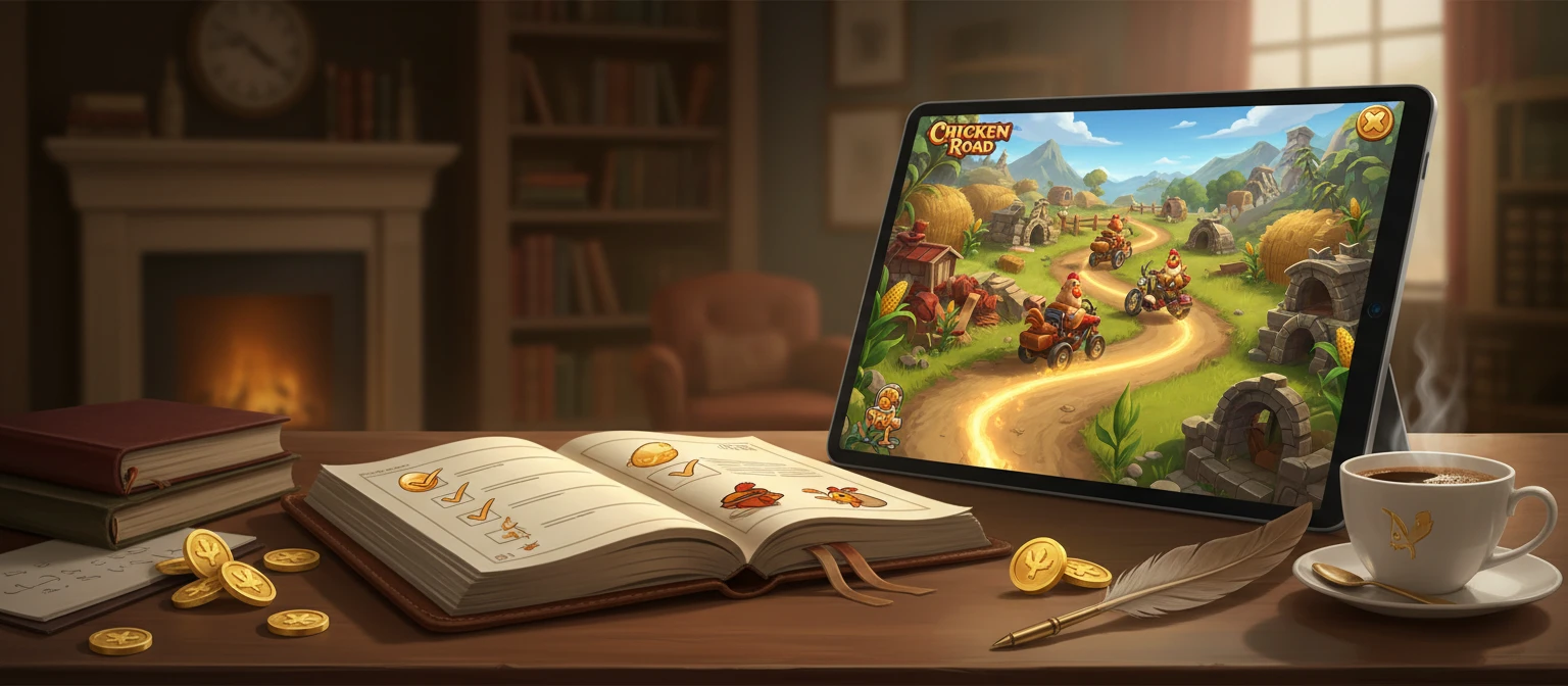 Caiet cu sfaturi pentru începători lângă ecran cu Chicken Road